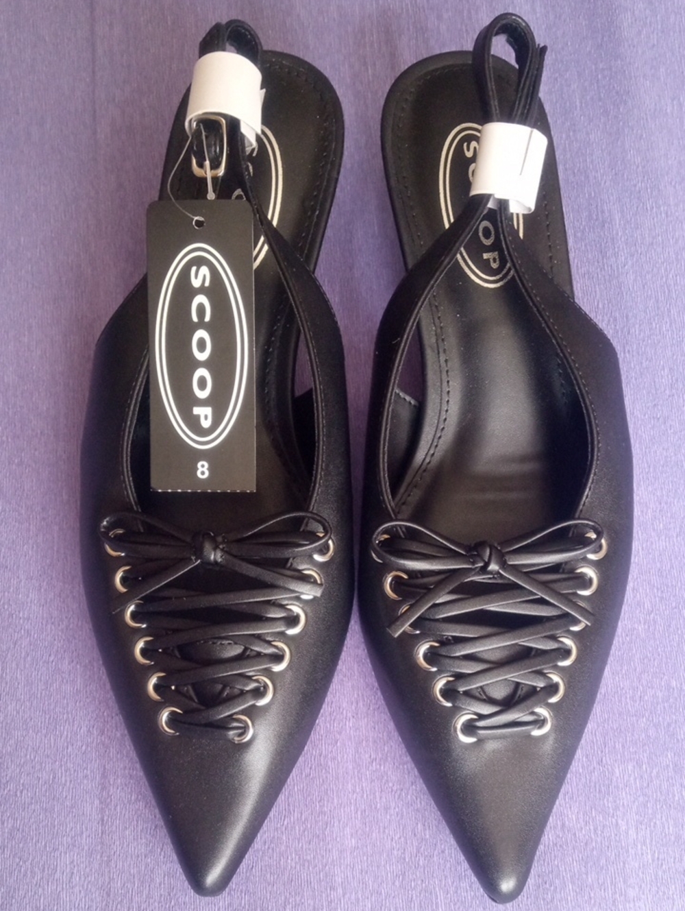 Scoop Women's Black Pointed Slingback Lace-Up Flats,Sz.8, NWT